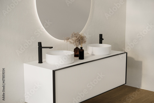 Close up of comfortable double sink with two round mirrors standing on wooden countertop in modern bathroom with white walls. photo