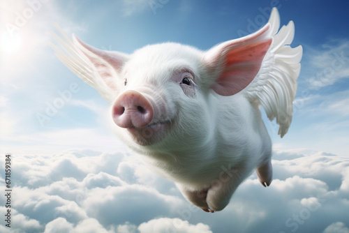 When pigs fly, idiomatic, pig with wings in the sky created using generative Ai tools © Юлія Курганюк