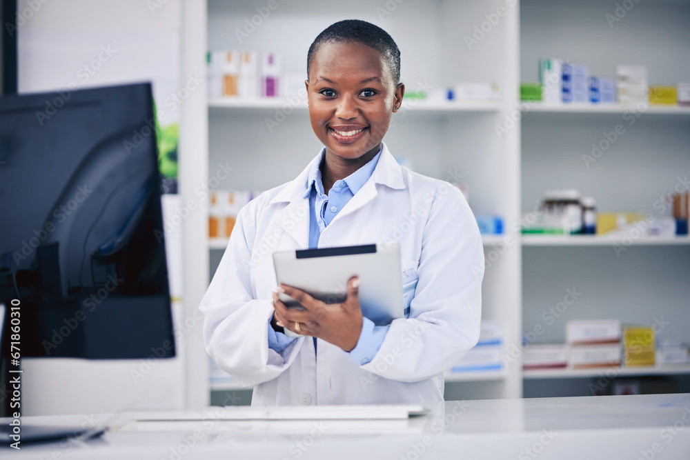 Black woman, tablet and pharmacist with checklist at counter for medicine stock, info and advice on drugs. Digital list, pharmacy and medical professional on online inventory for telehealth at shelf. Black woman, tablet and pharmacist with checklist at counter for medicine stock, info and advice on drugs. Digital list, pharmacy and medical professional on online inventory for telehealth at shelf.