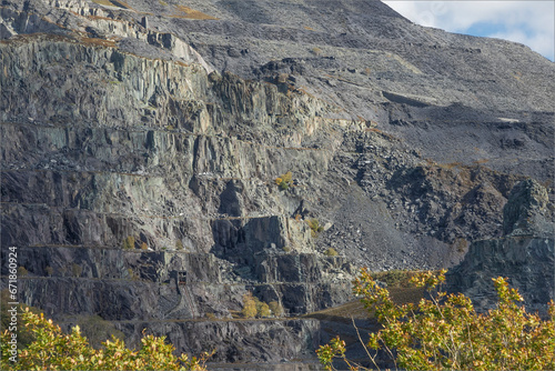 Terraces cut into the welsh hillside where slate is being mined