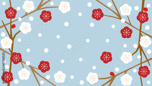 赤い梅と白い梅と雪のイラスト　アスペクト比16：9バージョン