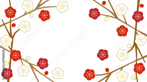 紅梅と白梅の梅の枝をフレーム風にしたイラスト
