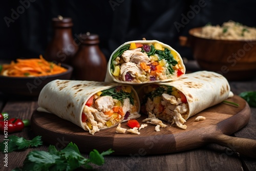 Food wrap with chicken filling and vegetables, concept of Healthy eating
