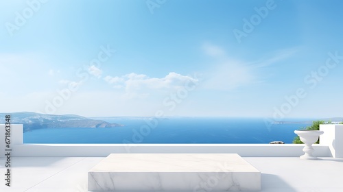 White marble podium with sea view on background © Alin
