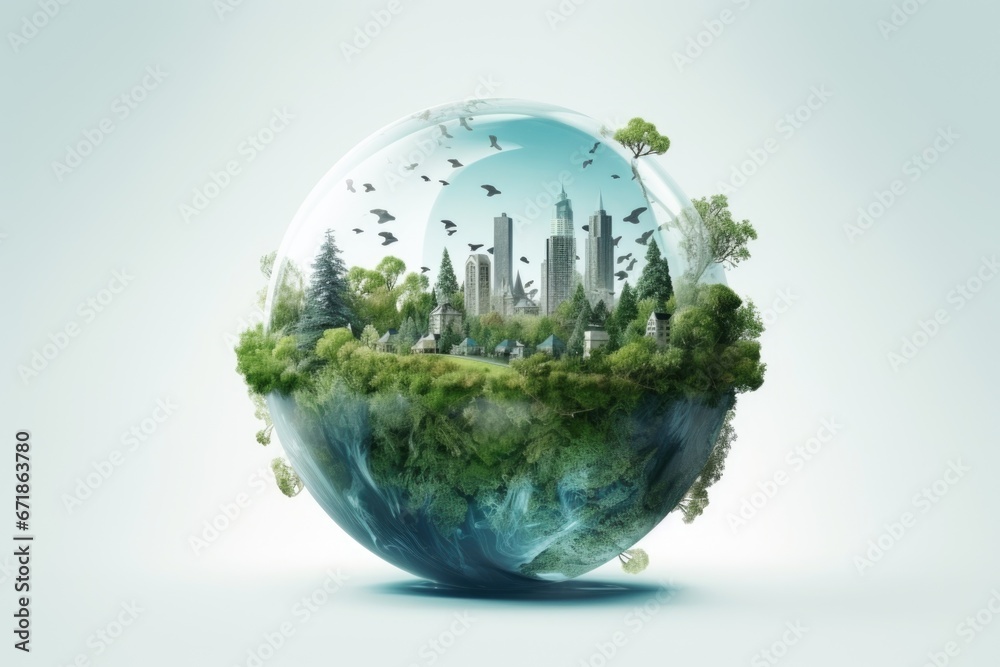Eco city concept in glass sphere. Close up human hands holding planet earth with green city in it. Eco city concept in glass sphere. Close up human hands holding planet earth with green city in it.