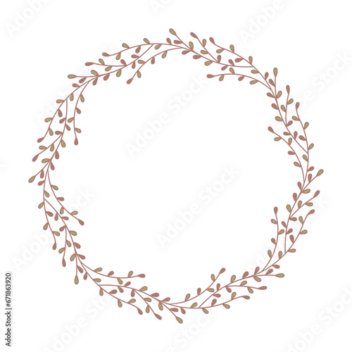 Hand-drawn rustic twig wreath. Decorative vector design element.
