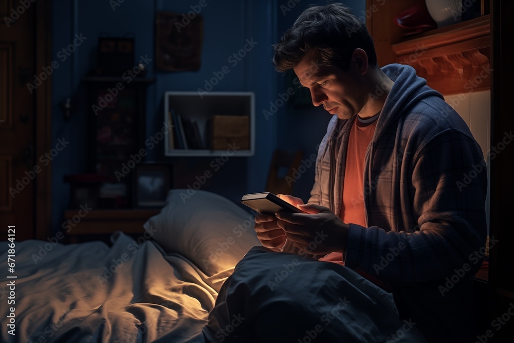 A young man engrossed in the soft glow of his mobile device A young man engrossed in the soft glow of his mobile device