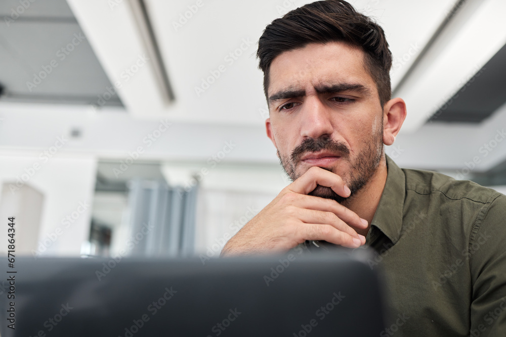 Fototapeta premium Business, thinking and man with a computer, solution and problem solving with ideas, research and website information. Career, male professional and consultant with a pc, online reading and decision