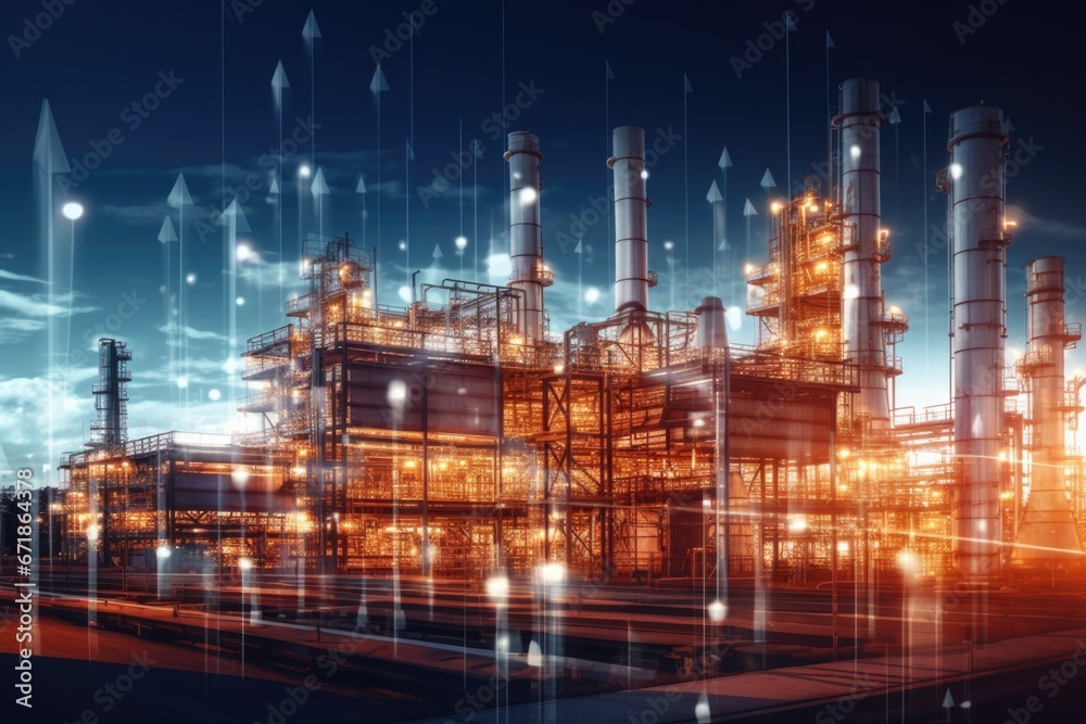 Fototapeta premium Double exposure oil refinery at night. Energy and industry concept.