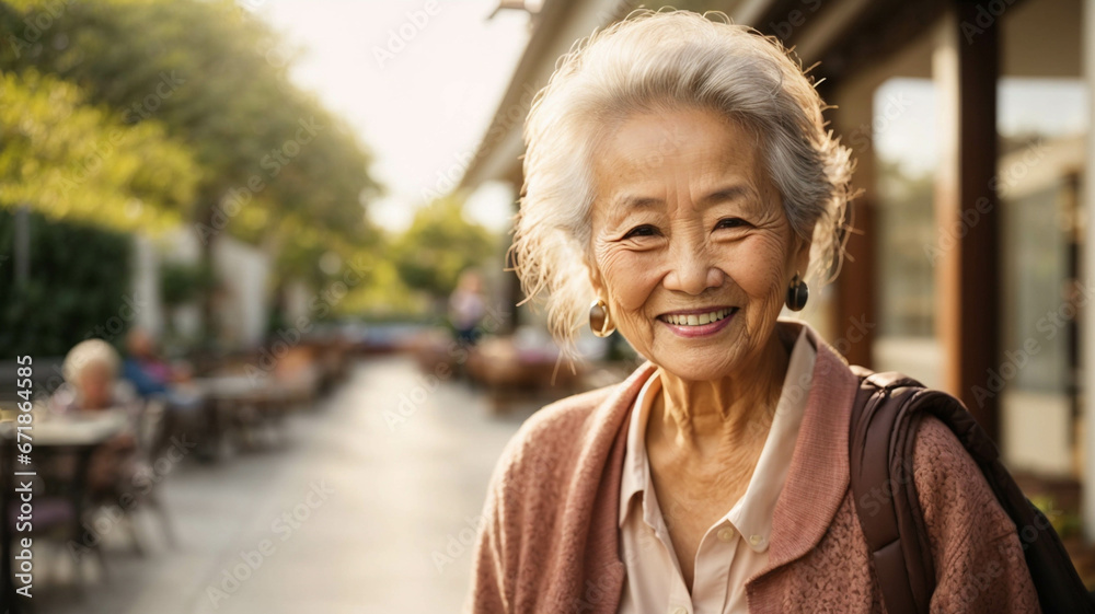 portrait of happy smiling old asian woman on the street, on a beautiful sunny day, space for text
