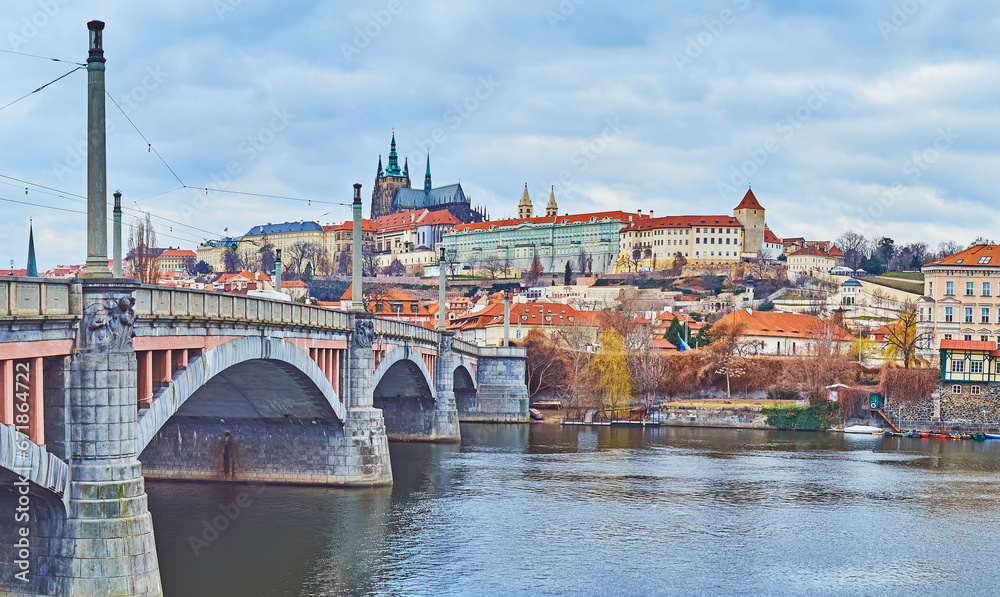 The cityscape with Manes Bridge and Vltava River, Prague, Czechia