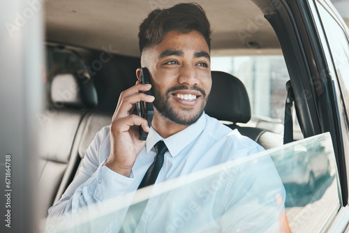 Business man, phone call and travel in car for communication, mobile networking or thinking of chat. Face, happy indian corporate worker or talking to contact, smartphone or driving in taxi transport