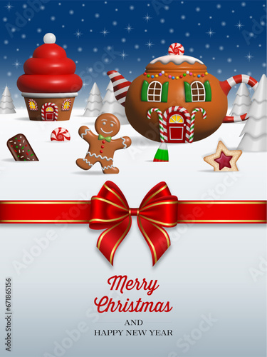 Wallpaper Mural christmas greeting card with sweets landscape and red bow Torontodigital.ca