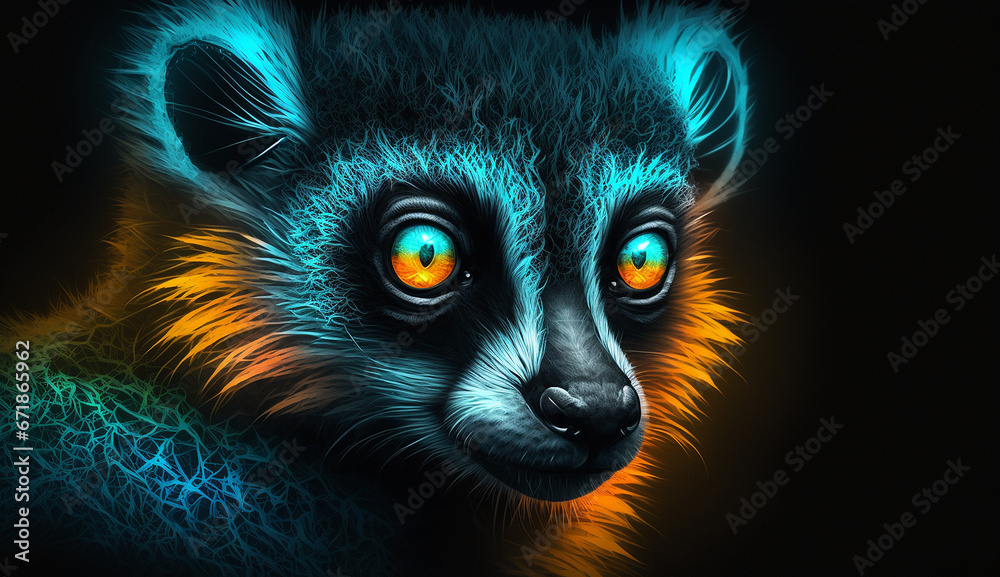 AI Generated of Lemur face neon light black background