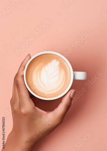 Woman's hand holding a cup of coffee on light pink background flat lay. AI generative. photo