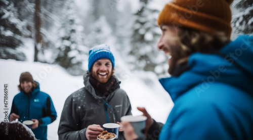 Cheerful young friends in winterwear wearing winter forest camping and drinking hot drinks. lifestyle concept winter vacation outdoors.