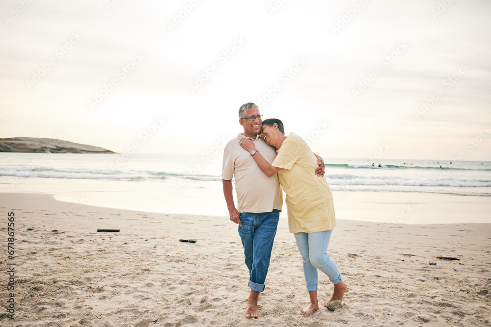 Senior couple hug, laughing and beach, ocean and travel with bonding and love, trust and marriage outdoor. Adventure, holiday and happiness, man and woman with comedy and life partner in nature