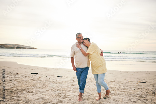 Senior couple hug, laughing and beach, ocean and travel with bonding and love, trust and marriage outdoor. Adventure, holiday and happiness, man and woman with comedy and life partner in nature