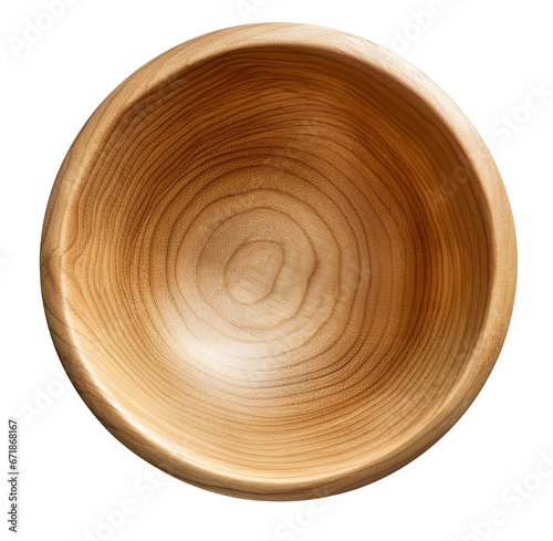 A close-up view of an empty round wooden bowl isolated on transparent or white background, png