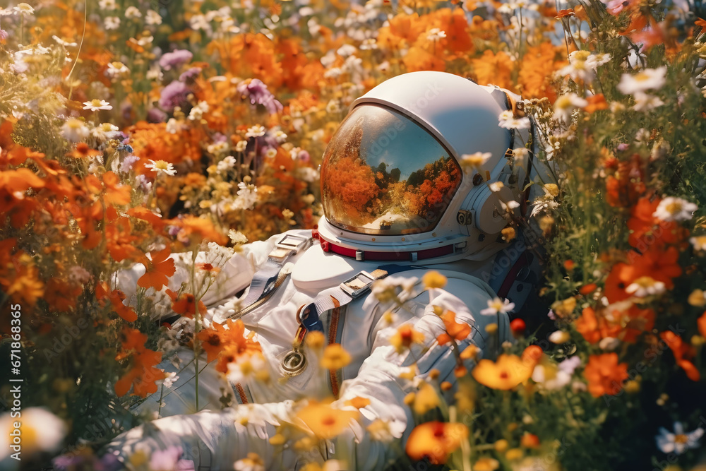 Astronaut lies in a meadow overgrown with flowers,colorful background,strong colors,creativ concept Astronaut lies in a meadow overgrown with flowers,colorful background,strong colors,creativ concept