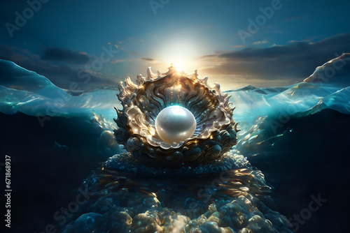 A huge pearl in a unique and magnificent seashell. - Generative AI