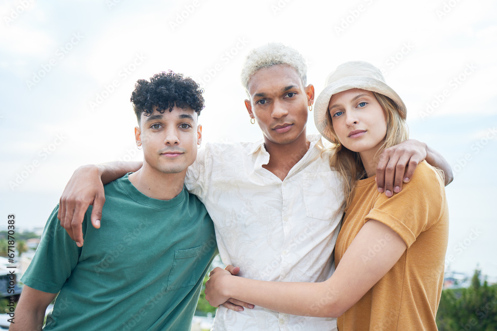 Hug, portrait and friends at the beach for holiday together during summer in Miami. Group of young, happy and gen z people hugging with care while on a tropical vacation on a island by the sea Hug, portrait and friends at the beach for holiday together during summer in Miami. Group of young, happy and gen z people hugging with care while on a tropical vacation on a island by the sea