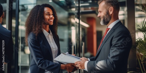  European Manager Shakes Hands with African Businesswoman, Sealing a Multicultural Deal in the Office Building