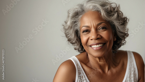 Happy laughing African American 50 years old woman. Happy woman on a grey background. The concept of health care, mental health photo
