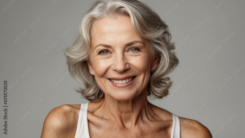 caucasian adult woman with smooth healthy face skin. Beautiful aging mature caucasian woman with gray hair and happy smiling touch face. Beauty and cosmetics skincare advertising concept