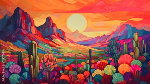 An oil painting depicting a cactus in the desert Ai generated art photo