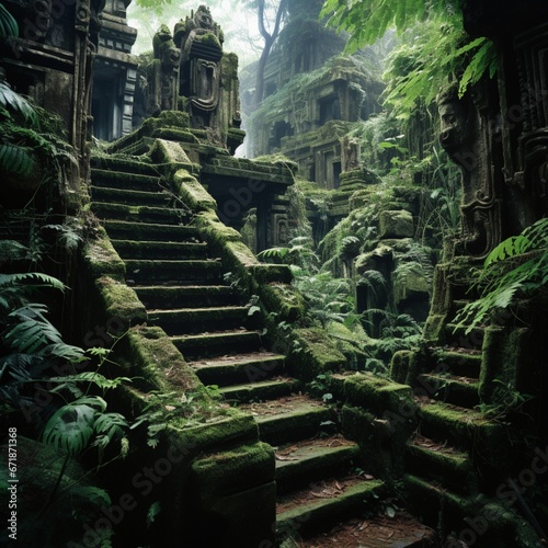 Ancient ruins staircase dense overgrown cities photography image AI generated art
