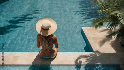 woman in luxury spa near swimming pool with hat, summer concept for traveling and luxury hotel, space for text © anandart