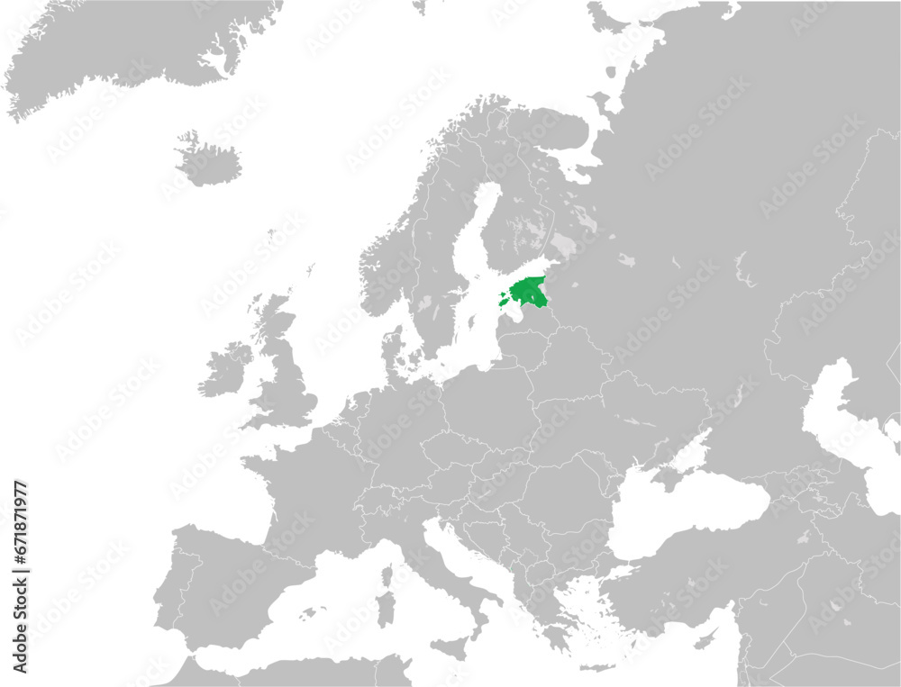 Fototapeta premium Green CMYK national map of ESTONIA inside detailed gray blank political map of European continent with lakes on transparent background using Mercator projection