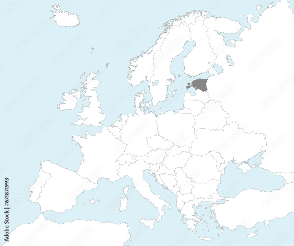 Fototapeta premium Gray CMYK national map of ESTONIA inside detailed white blank political map of European continent on blue background using Mollweide projection