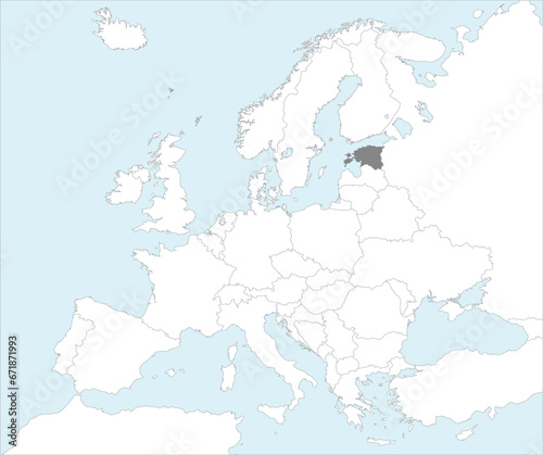 Gray CMYK national map of ESTONIA inside detailed white blank political map of European continent on blue background using Mollweide projection