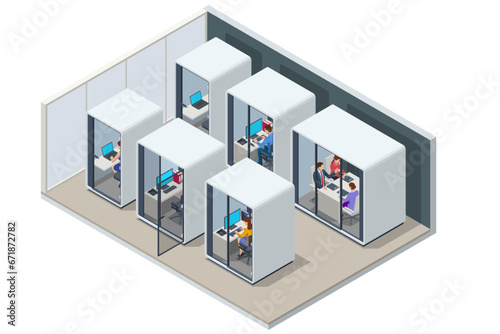 Isometric Capsule Office Pod. Movable Portable Meeting Soundproof Booth Acoustic Private Office Meeting Pod Phone Booth Office Working Studio Sound Booth. © Golden Sikorka