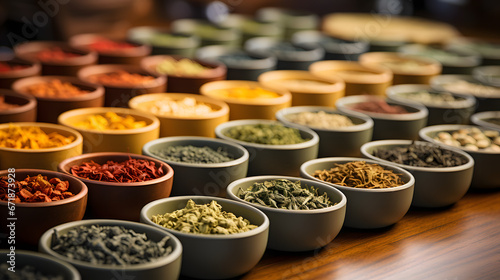 Knolled Collection of Tea Varieties in Ceramic Bowls