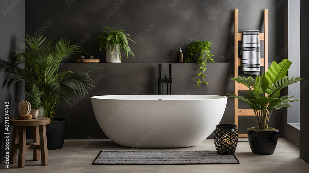 Fototapeta premium Modern Bathroom Design with Freestanding Bathtub and Black Fixtures