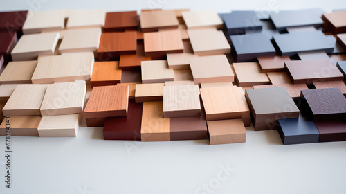 Samples of wood in different colors and textures. Large assortment of wooden coverings for repairing and making furniture and flooring.
