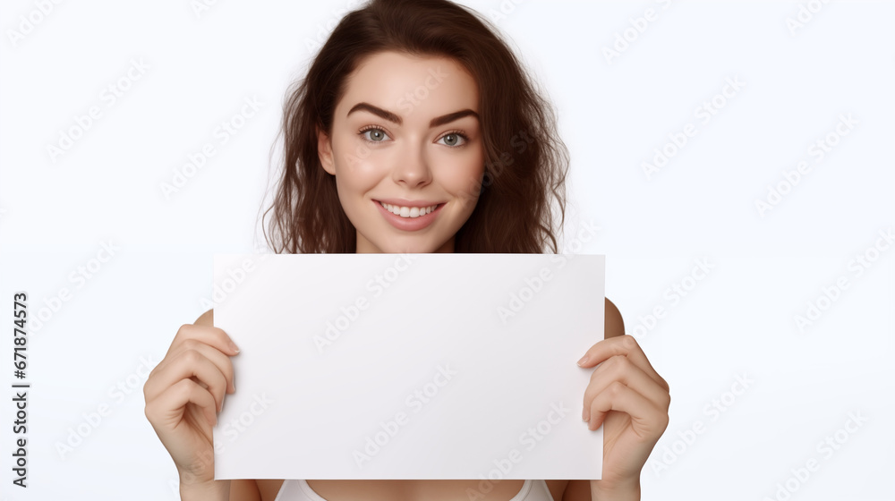 Portrait of a beautiful young brunette woman holding a white sheet of paper Portrait of a beautiful young brunette woman holding a white sheet of paper