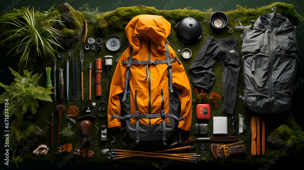 Hiking Gear Organized in Knolling on Grass Hiking Gear Organized in Knolling on Grass