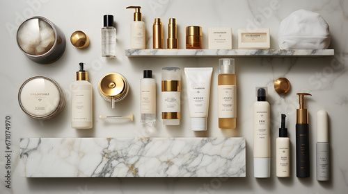 Skincare Products Beautifully Arranged on Marble Counter