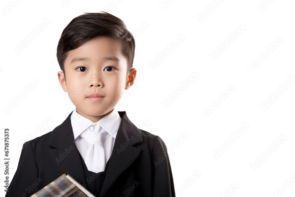 Close-up portrait of Asian boy dressed up as a lawyer. cut out white background Close-up portrait of Asian boy dressed up as a lawyer. cut out white background
