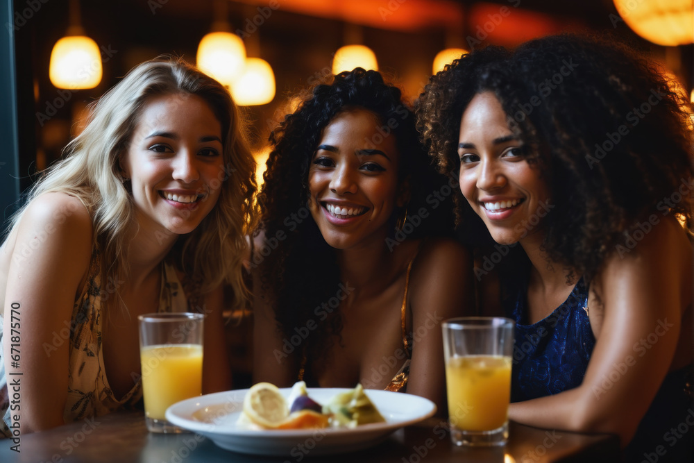 group of young ladies laughing, drinking having fun in the bar