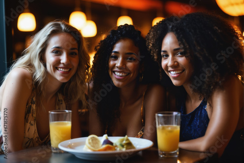 group of young ladies laughing, drinking having fun in the bar © Aleksandr