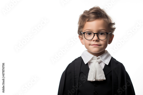 Close-up portrait of boy dressed up as a lawyer. cut out white background