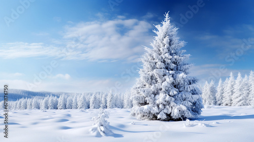 A peaceful snowy scene with a few pine trees standing tall against a crisp blue sky - Christmas concept - Generative AI