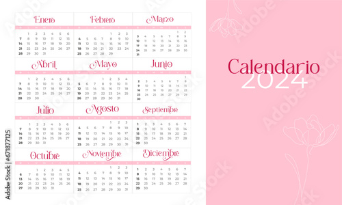 Calendario rosa 2024 en español, minimalista / moderno