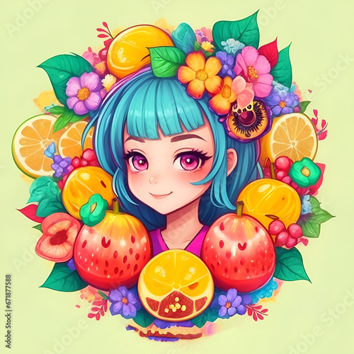 Round shaped illustration on the theme of fruits, flowers and girls, designed in graffiti style