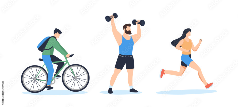 Vector isolated illustration set of sport and leisure people. Cycling experiences, Adventure sport motorsport, outdoor